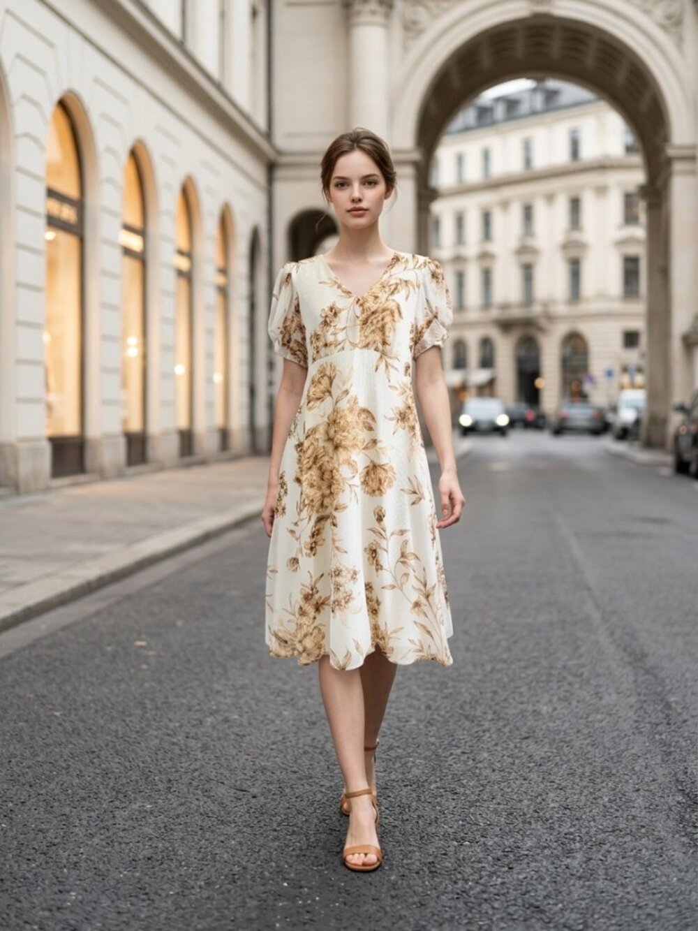 NWT Calvin Klein Floral Midi Dress Size 6 Ivory Brown Puff Sleeve